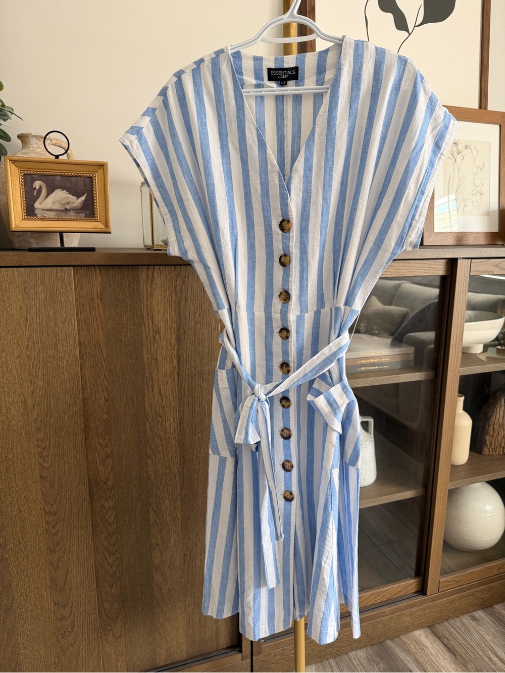 1. Essentials Blue & White Vertical-Stripe Button Dress